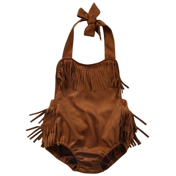Halter Fringe Suede Brown Baby Sunsuit Romper - Picture 1 of 4
